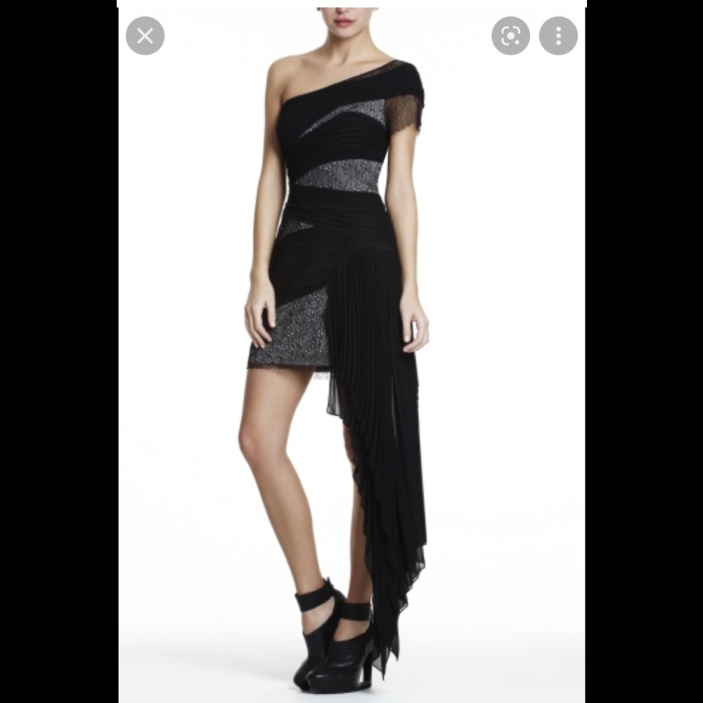 NWT BCBG Runway one shoulder pleated overlay dress